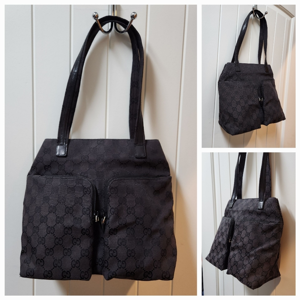 GUCCI GG Monogram Dark Brown Canvas Tote with Front Cargo Pockets 002 1076 6754